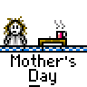 Animated contact sheet of a pixel art character yawning at a desk with coffee, transitioning to holding a pink Mother's Day card.
