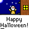 Animated contact sheet of a pixel art character in yellow costume with red eyes, performing actions against a house background with
