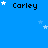 Blue background with repeated 'Carley' text and white stars in pixelated style.
