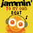 Pixelated orange character with headphones, smiling face, and large eyes on yellow background; text 'JAMMIN' above and 'TO MY OWN BEAT' below in varying colors.