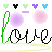 Animated pixel art displays 'love' text with color variations, heart symbols above and below, and blurred circular backgrounds in pink/purple tones.