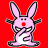 Pixelated pink bunny mascot with black outline and red nose on solid red background, static single-frame image.