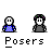 Pixel art of 24 small character icons with gray background, each labeled 'Posers' below; some characters have speech bubbles reading "I'M PUNK!", "I HATE", and "YAY!"