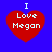 Four identical red heart-shaped icons with white text "I Love Megan" on a solid blue background, arranged in a