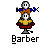 Pixelated barber icon shows a seated figure with yellow cape, red chair, and blue scissors, with scattered orange hair clippings below.