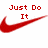 Red pixelated text 'Just Do It' above a red Nike swoosh logo on a white background.