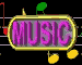 Animated sequence of three 'MUSIC' icons with pink text on gray backgrounds, yellow borders, and musical notes on black staves.