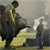 Two figures stand on a yellowish ground under a gray sky; one figure rides a dark horse while the other stands nearby.