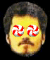 A person with short dark hair and a mustache has red-and-white swirled circular shapes over their eyes against a black background.