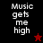 Four display "Music gets me high" text with star symbols; top-left black background, bottom-left red background, right side dark red backgrounds