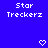 Blue background with repeated white text 'Star Treckerz' and pixelated heart/arrow symbols in a