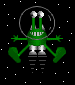 Green cartoon alien with two eyes, wide grin, and four limbs in a space suit against black starry background.