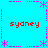 Pixelated cyan background with pink dashed borders and star motifs, four red "sydney" texts at corners.