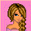 Pixelated character with long brown braided hair, blue eyes, and a light purple top against pink checkered background.