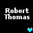 Pixelated text 'Robert Thomas' appears in four quadrants on a black background with cyan and teal heart icons positioned between them.