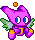 Purple pixelated character with blue eyes, green wings, and orange accents on a gray background.