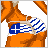 Animated contact sheet of a pixel-art character with orange skin wearing Greek flag-themed underwear, blue hat, and white fur trim across multiple frames showing pose changes and text variations.