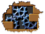 Four pixelated frames of a mechanical animation showing blue gears rotating within a brown wooden frame against a dark background.