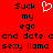 Red background with black pixelated text reading 'Suck my ego and date aand date a sexy llama' and a white heart symbol above the left side of the text.