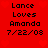 Red background with pixelated text reading "Lance Loves Amanda 7/22/08" in four identical , heart shapes scattered throughout