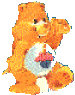 Two orange Care Bear characters with white bellies holding pink cupcake props, positioned side-by-side against a gray background.