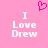 Pink background with white text reading "I Love Drew" and a pixelated pink heart above the text.