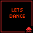 Four identical black square with red borders display 'LETS DANCE' text and pixelated alien icons in different corners