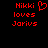Red pixelated text on black background reads 'Nikki loves Jorivs' with a heart symbol replacing the 'o' in 'loves' in one view.