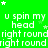 Green background with white text repeating 'u spin my head right round' and small white stars scattered throughout.