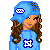Pixel art contact sheet showing multiple frames of a blue-clad cartoon character with long brown hair, wearing a cap and matching outfit with white stripes, alongside text elements reading "I'm Not Short" and "Your Just Tall !!".