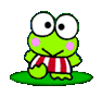 Green cartoon frog with large white eyes and pink cheeks stands on a green base, wearing red-and-white striped shorts.