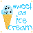Pixelated ice cream cone with light blue scoop and black dots, next to 'sweet as ice cream' text in matching style.