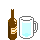 Pixel art contact sheet showing 9 frames of a beer-pouring animation sequence with bottles and mugs on gray background