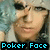 A pixelated image of a person with light hair and dark eyes, wearing a white top against a blue background, labeled 'Poker Face' in cyan text.