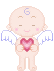 Pixelated angel figure with closed eyes, pink cheeks, and white wings holding a red heart against gray background.