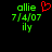 Green pixelated text 'allie', '7/4/07', and 'ily' on black background with red heart symbol above 'allie' in one view, absent in another.