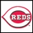 A split-screen animated icon with a Cincinnati Reds logo on the left and 'REDS ROOM' text on the right against a red radial burst background.