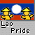 Pixelated image with two yellow figures wearing conical hats against a blue and red background, featuring white text reading "Lao Pride" below.