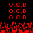 Red pixelated text 'O.C.D' repeated in a above a red pixelated crowd scene on black background
