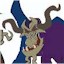 Pixelated cartoon character with blue and purple accents, multiple curved horns, and a wide grin on a white background.