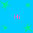 Blue background with green star shapes and pink 'Hi' text in four corners.