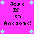 Pixelated text on bright pink background with light blue star shapes, displaying 'Josie IS 50 Awesome!' in four identical sections.