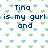 Pixelated text reads "Tina is my gurl and Dorick is my boy i luv u guys" over a background of repeating green and blue heart shapes.