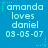 A static blue background displays repeated text 'amanda loves daniel 03-05-07' with light blue pixelated font and small green star accents.
