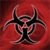 A static pixelated image of a biohazard symbol on a red background with black and gray outlines.