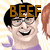 Pixelated cartoon-style image of a person with black hair, glasses, and purple clothing smiling broadly against a striped background.