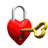 Red heart-shaped padlock with silver shackle and golden key inserted, showing sequential animation frames of the key turning clockwise.