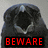 A pixelated dark figure with a hollow center and red text reading BEWARE on a black background.