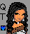 Pixelated icon of a person with long dark hair, orange skin tone, and black clothing holding an object against a gray background.