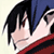 Pixelated anime-style close-up of a character with black hair and blue clothing making a peace sign gesture against a light background.